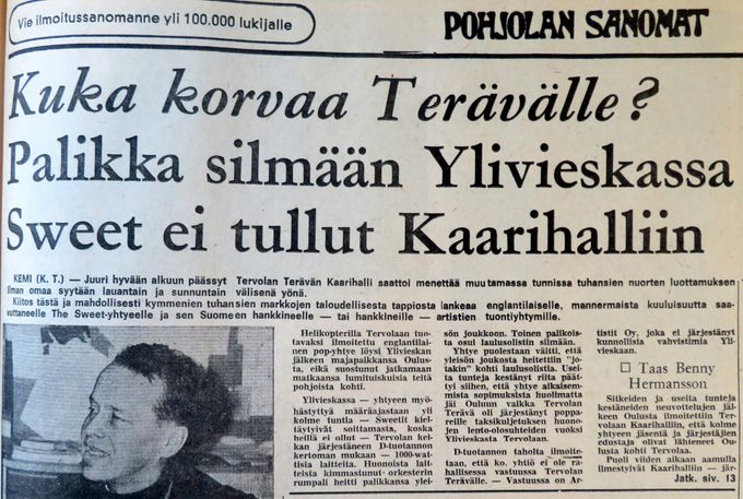 Pohjolan Sanomat uutisoi The Sweet -jupakasta näyttävästi vuonna 1972.